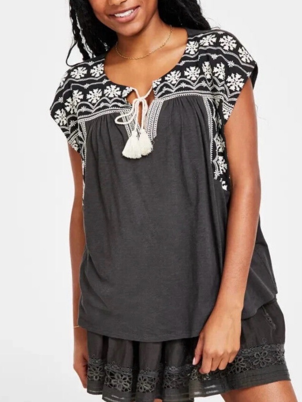 Lucky Brand Black Embroidered Tassel Peasant Top